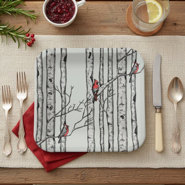 Modern Green Birch Trees and Red Cardinal Birds Paper Plate (Modern Red Cardinal & Birch Tree Winter Paper Plates. Simple Elegant Birch Trees for Christmas Party)