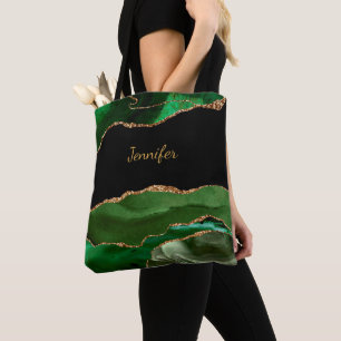 Modern Green Black Agate Crystal Personalise Name Tote Bag
