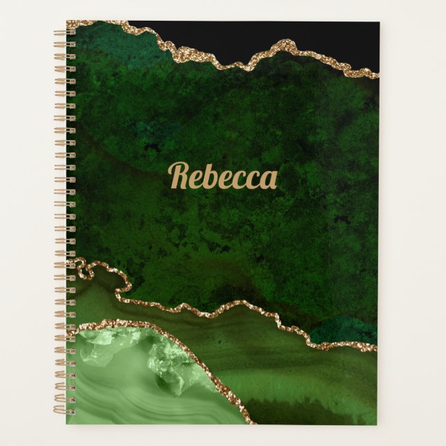 Modern Green Black & Gold Agate Personalise Planner (Front)