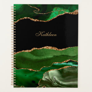 Modern Green Black & Gold Agate Personalise Planner
