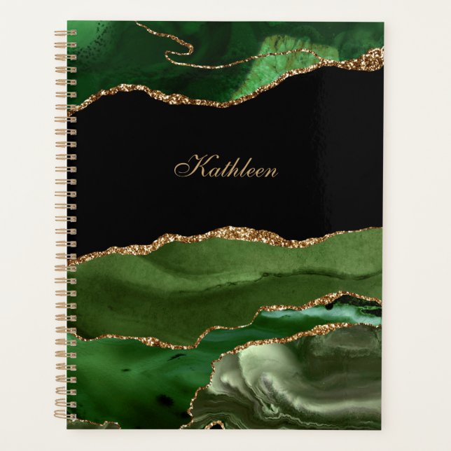 Modern Green Black & Gold Agate Personalise Planner (Front)