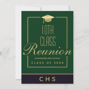 Modern Green Black Gold Script 10th Class Reunion Invitation