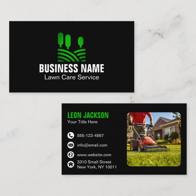 Modern Green Black Landscaping Lawn Care Logo Business Card (Front/Back)