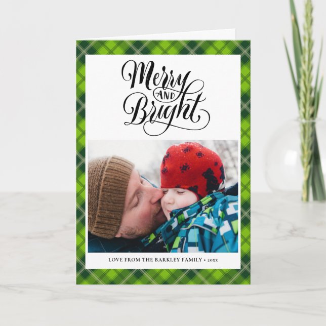 Modern Green Black Tartan Plaid Fun Script Simple Holiday Card (Front)