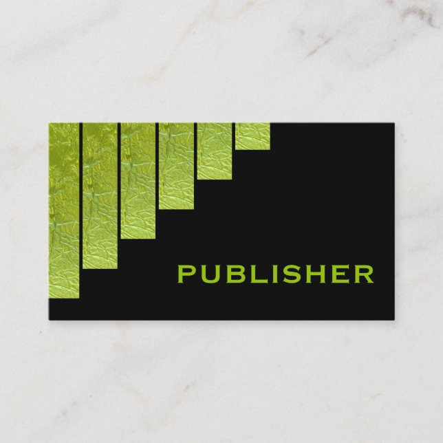 Modern green, black vertical stripes publisher business card (Front)