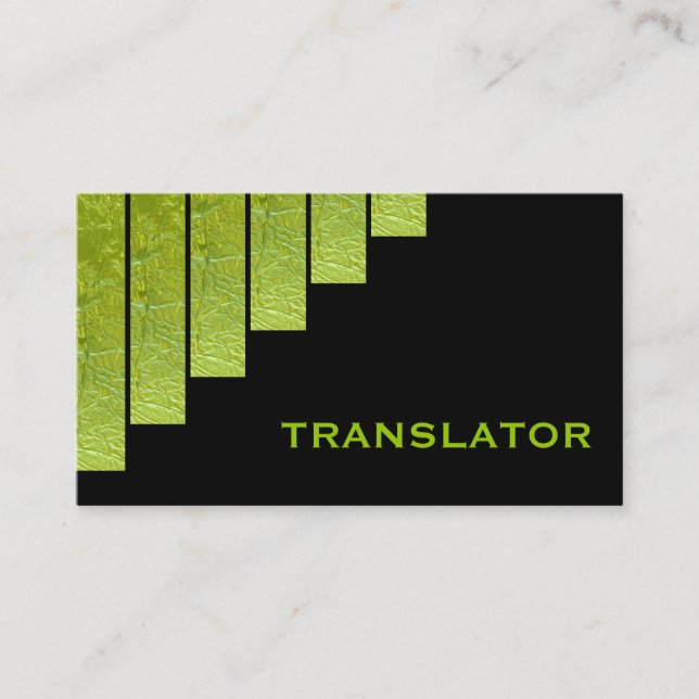 Modern green, black vertical stripes translator business card (Front)