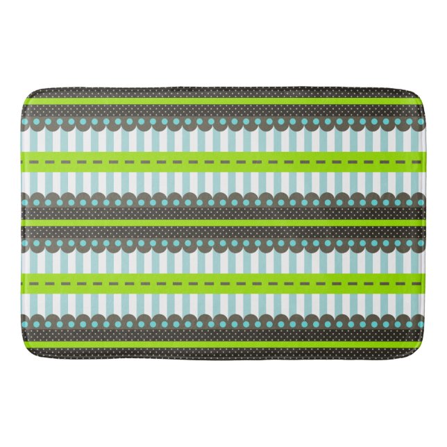 Modern Green, Blue, Brown Stripes & Dots Pattern Bath Mat (Front)
