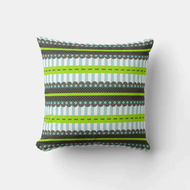 Modern Green, Blue, Brown Stripes & Dots Pattern Cushion (Front)