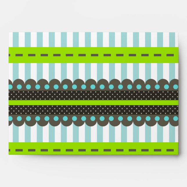 Modern Green, Blue, Brown Stripes & Dots Pattern Envelope (Front)