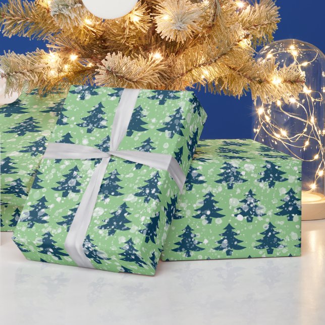 Modern Green Blue Christmas Snowy Trees Wrapping Paper (Holidays)