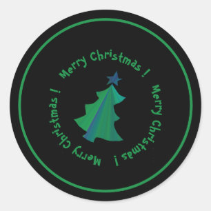 Modern Green Blue Christmas Tree on Black Classic Round Sticker