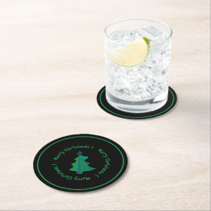 Modern Green Blue Christmas Tree on Black Round Paper Coaster