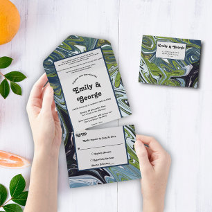 Modern Green Blue Earth Tone Abstract Art Wedding All In One Invitation