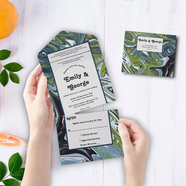 Modern Green Blue Earth Tone Abstract Art Wedding All In One Invitation (Creator Uploaded)