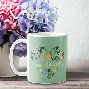 Modern Green Blue Heart Floral Mother's Day Coffee Mug