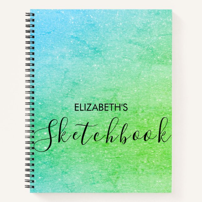 Modern Green Blue Ombre Glitter  Name Sketchbook  Notebook (Front)