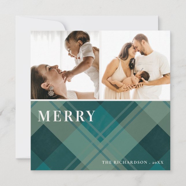 Modern Green Blue Plaid 2 Photo Merry Christmas Holiday Card (Front)