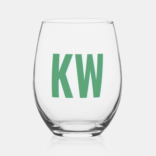 Modern Green Blue Shadow Monogram Personalised Stemless Wine Glass (Front)