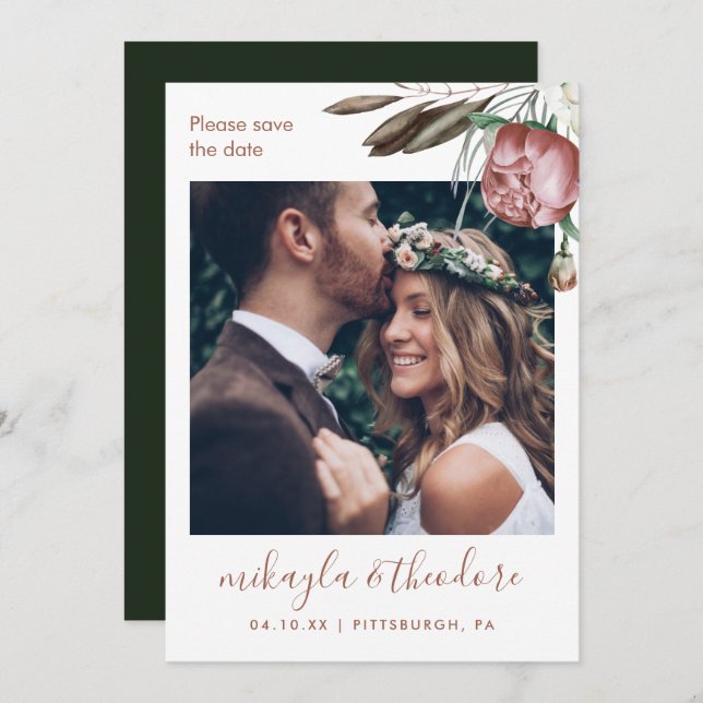 Modern Green Boho Floral Photo Wedding Save The Date (Front/Back)
