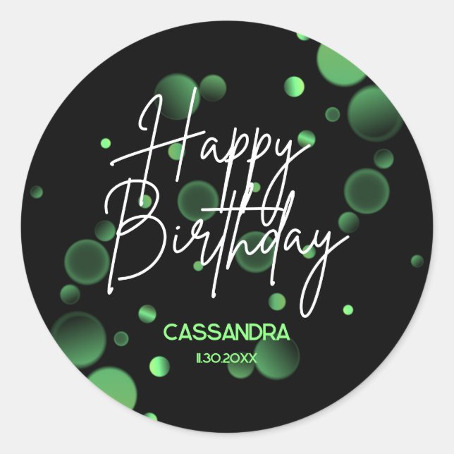 Modern Green Bokeh Gradient Black Happy Birthday Classic Round Sticker (Front)