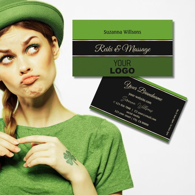 Modern Green Borders on Black Stylish with Logo Business Card (Creator Uploaded)