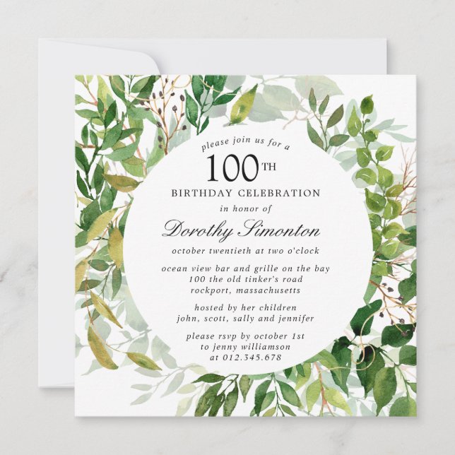 Modern Green Botanical 100th Birthday Invitation (Front)