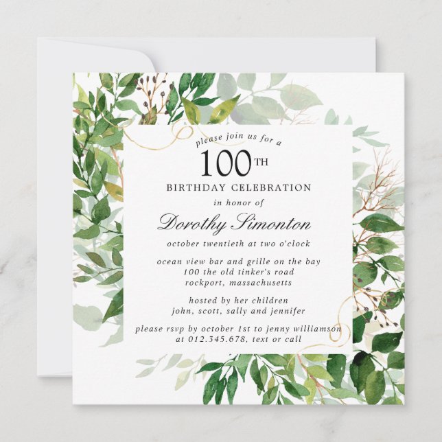 Modern Green Botanical 100th Birthday Invitation (Front)