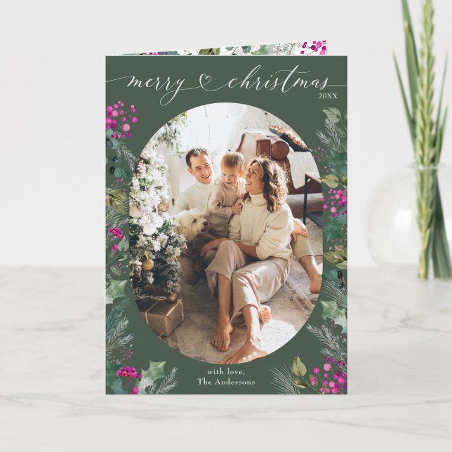 Modern Green Botanical Berries Photo Christmas  Card (Front)