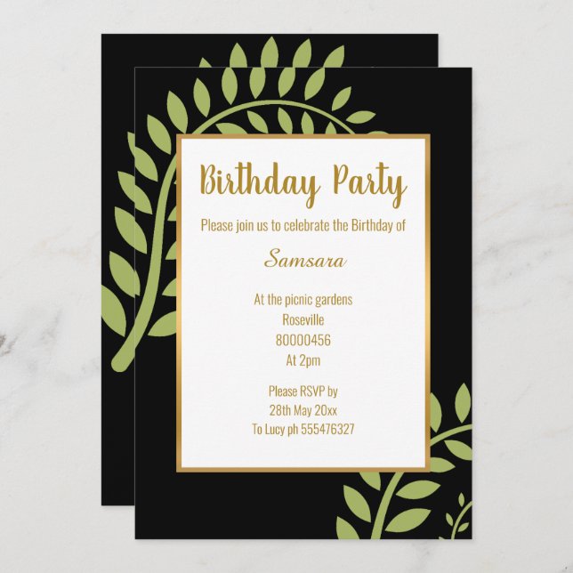 MODERN GREEN BOTANICAL FERN BLACK BIRTHDAY INVITATION (Front/Back)