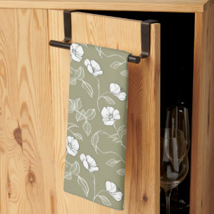 Modern Green Botanical Flowers Floral Pattern Tea Towel