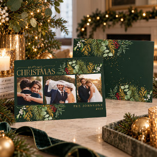 Modern Green Botanical Greenery 3 Photo Wedding Holiday Card