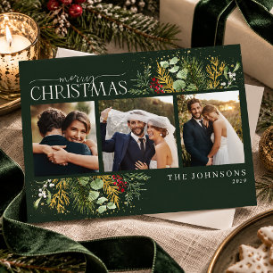 Modern Green Botanical Greenery 3 Photo Wedding Holiday Card