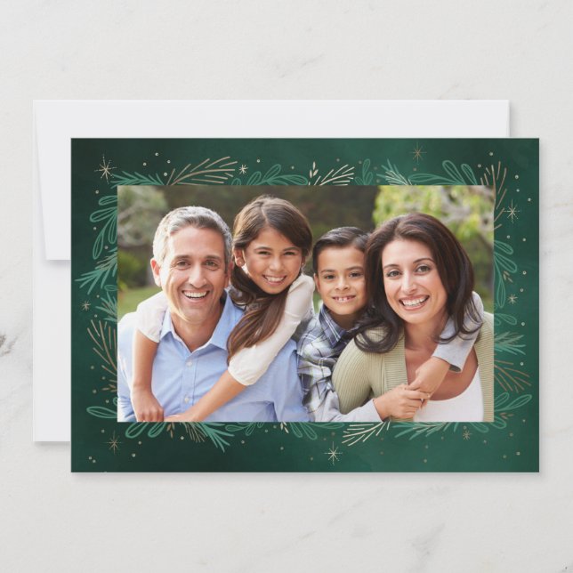 Modern Green Botanical Keepsake Photo Chistmas Holiday Card (Front)