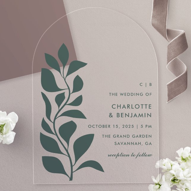 Modern Green Botanical Leaves Wedding Acrylic Invitations (Creator Uploaded)