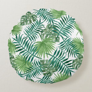 Modern Green Botanical Palm Leaves Round Cushion