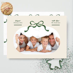 Modern Green Bow Oval Photo Happiest Holiday Card