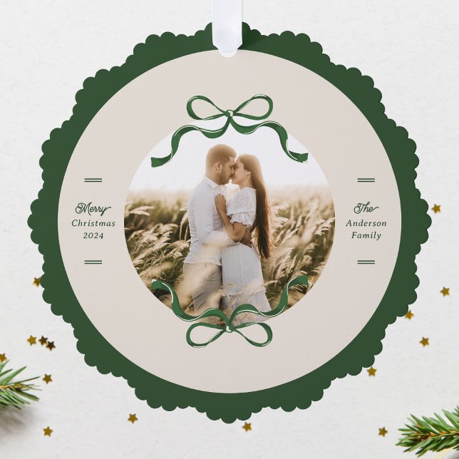 Modern Green Bows Christmas photo Tree Decoration Card (Creator Uploaded)