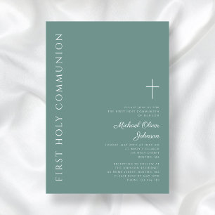 Modern Green Boy Cross First Holy Communion Invitation