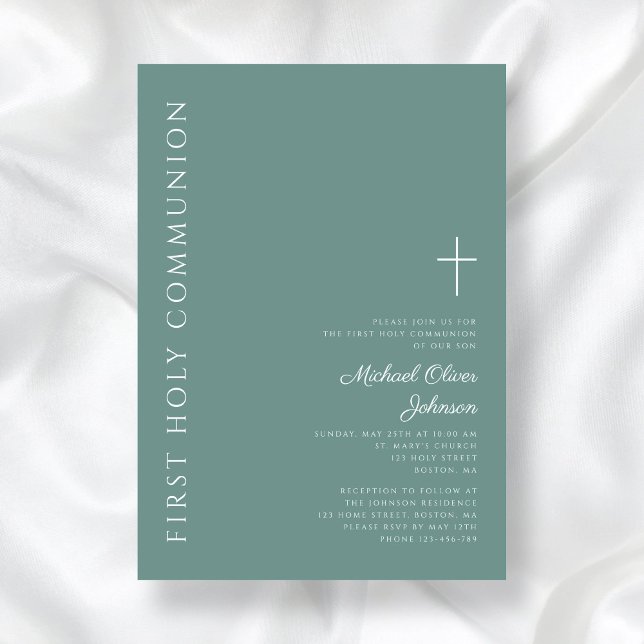 Modern Green Boy Cross  First Holy Communion Invitation (Modern Green Boy Cross First Holy Communion Invitation)