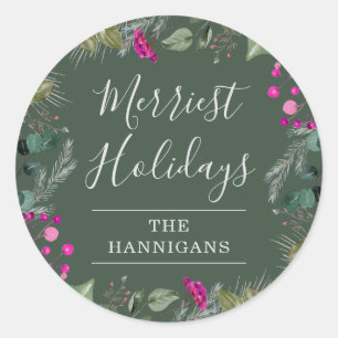 Modern Green Bright Pink Botanical Holiday  Classic Round Sticker