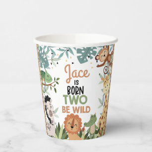 Modern Green Brown Born Two Be Wild 2nd Birthday  Paper Cups