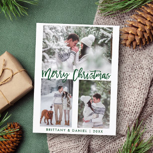 Modern Green Brush Script Merry Christmas Photo Postcard