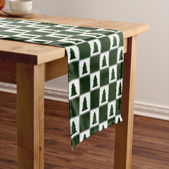 Modern Green Buffalo Plaid Christmas Tree Pattern Short Table Runner (In Situ)