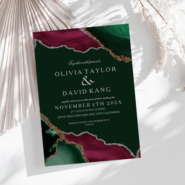 Modern Green & Burgundy Agate Wedding Invitation (Creator Uploaded)