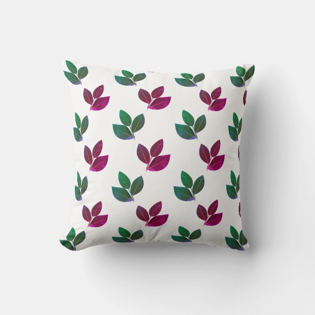 Modern Green & Burgundy Bay Leaf Pattern Cushion (Front)