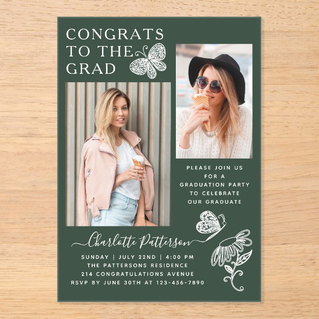 Modern Green Butterfly Photo Graduation Party Acrylic Invitations (Front)