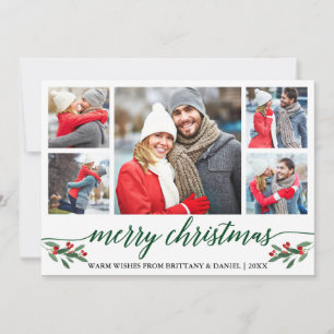 Modern Green Calligraphy 5 Photo Merry Christmas Holiday Card