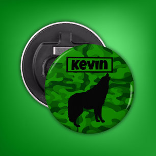 Modern Green Camo Black Wolf Silhouette Monogram Bottle Opener