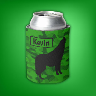 Modern Green Camo Black Wolf Silhouette Monogram   Can Cooler
