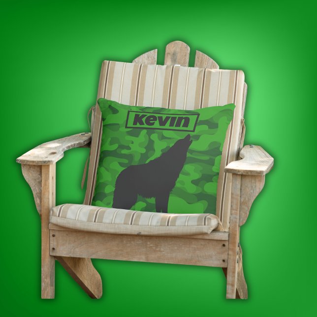 Modern Green Camo Black Wolf Silhouette Monogram | Cushion (Creator Uploaded)